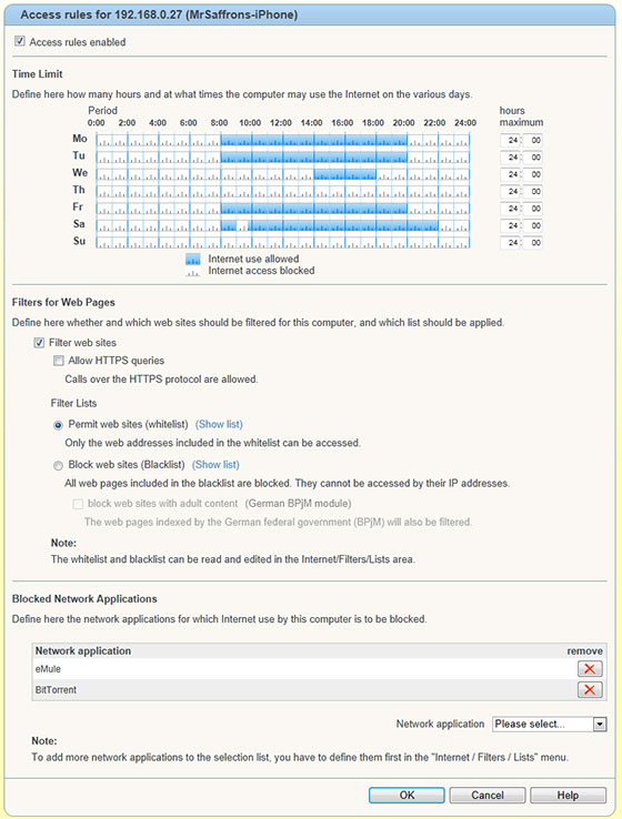 AVM Fritzbox 7390 Device Access Rules Page