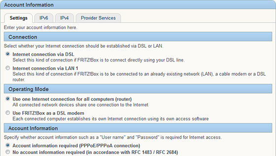 AVM Fritzbox 7390 Internet Account Configuration