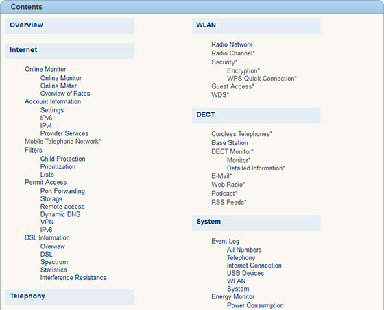 AVM Fritzbox 7390 Contents Page