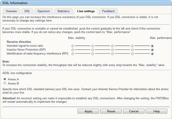 AVM Fritzbox 7390 Options for Tweaking DSL Connection