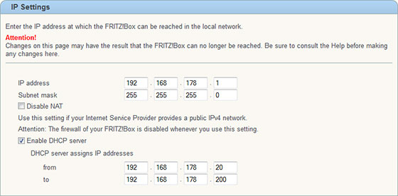 AVM Fritzbox 7390 IP Settings to change routers LAN IP