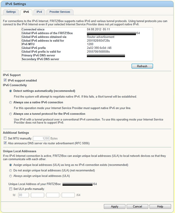 AVM Fritzbox 7390 IPv6 Settings Tab