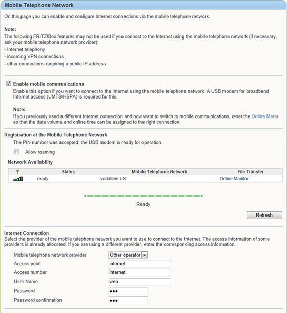 AVM Fritzbox 7390 Configuring 3G Dongle Connectivity