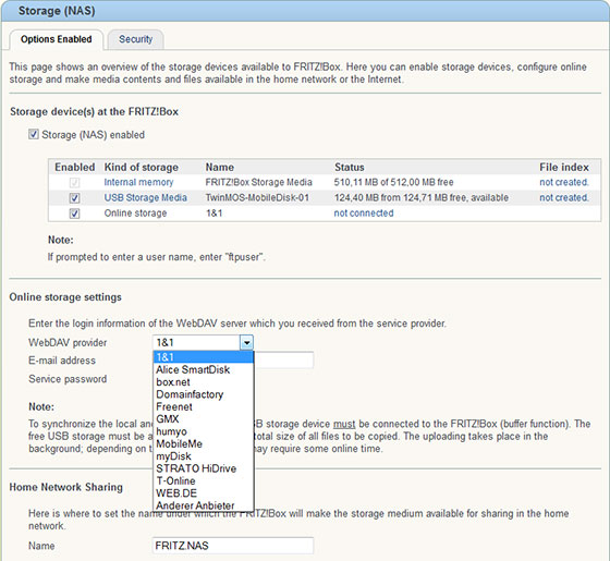 AVM Fritzbox 7390 Storage (NAS) Configuration