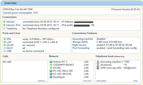 AVM Fritzbox 7390 Router Status Page