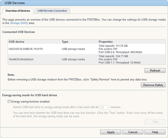 AVM Fritzbox 7390 Configuring Attached USB Devices