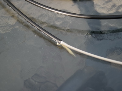 Connectorised fibre showing outdoor and indoors sheaths