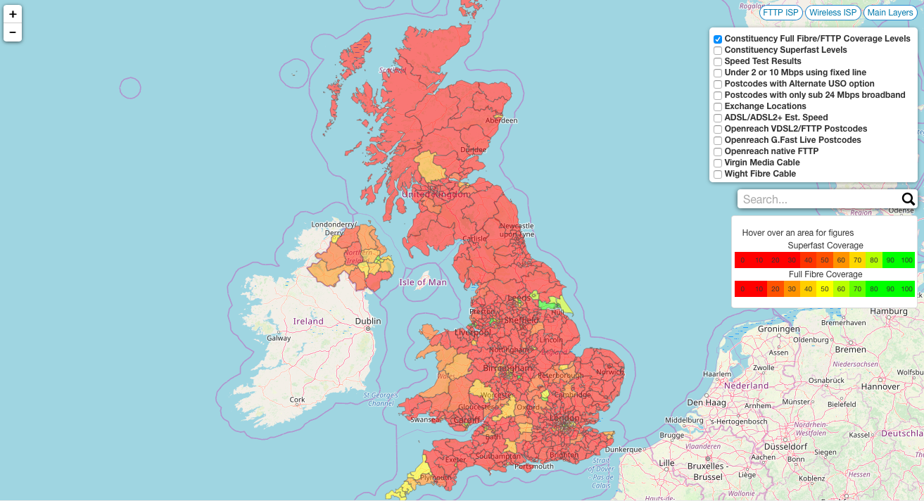 Fibre Broadband Availability Map New Parliamentary Constituency Level Map Of Fttp Coverage In Uk |  Thinkbroadband