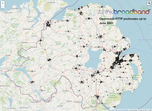 Map of Openreach FTTP in Northern Ireland