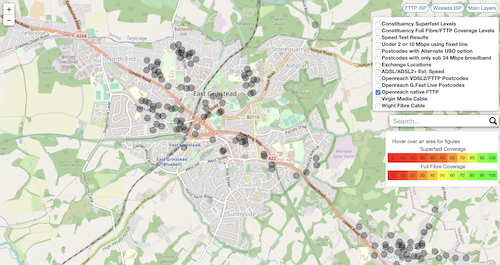 Map of Openreach FTTP in East Grinstead