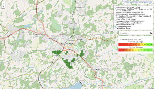 Map of Virgin Media coverage in East Grinstead
