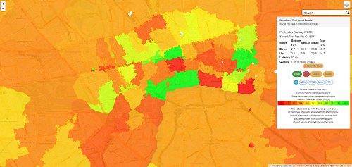 Map of Q1 2017 median download speeds in Central London
