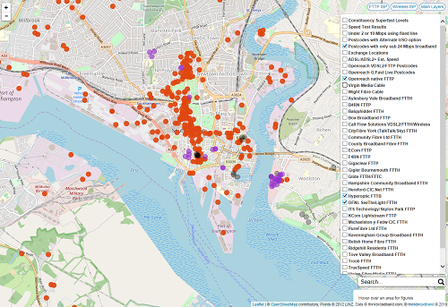 Map of central Southampton showing postcode speeds