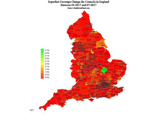 Map of change in superfast broadband coverage across England in June 2017