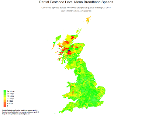 GB map of postcode level broadband speeds