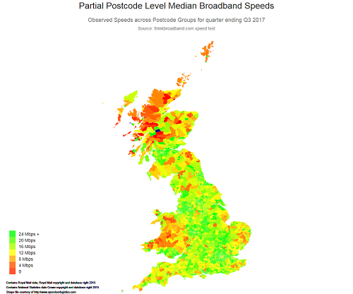 GB map of postcode level broadband speeds
