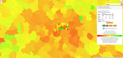 Map of Q1 2017 median download speeds across Greater London