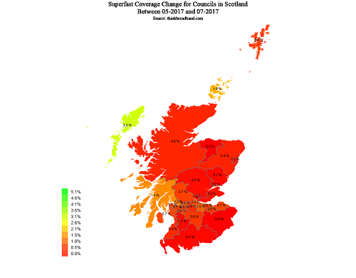 Map of change in superfast broadband coverage across Scotland in June 2017