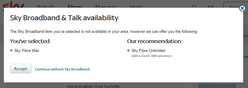 Example of order in a sub 30 Mbps area on Sky website