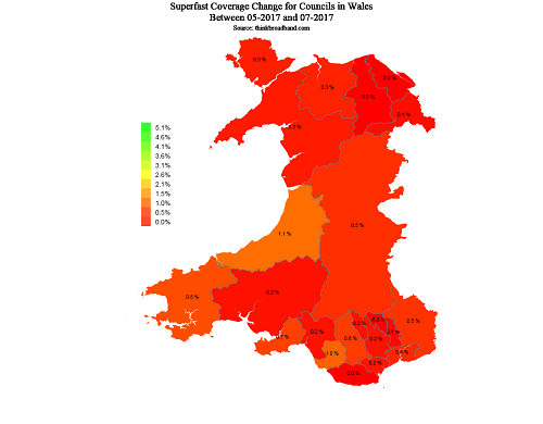 Map of change in superfast broadband coverage across Wales in June 2017