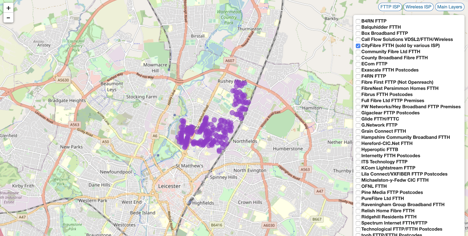 Map of CityFibre coverage in the UK