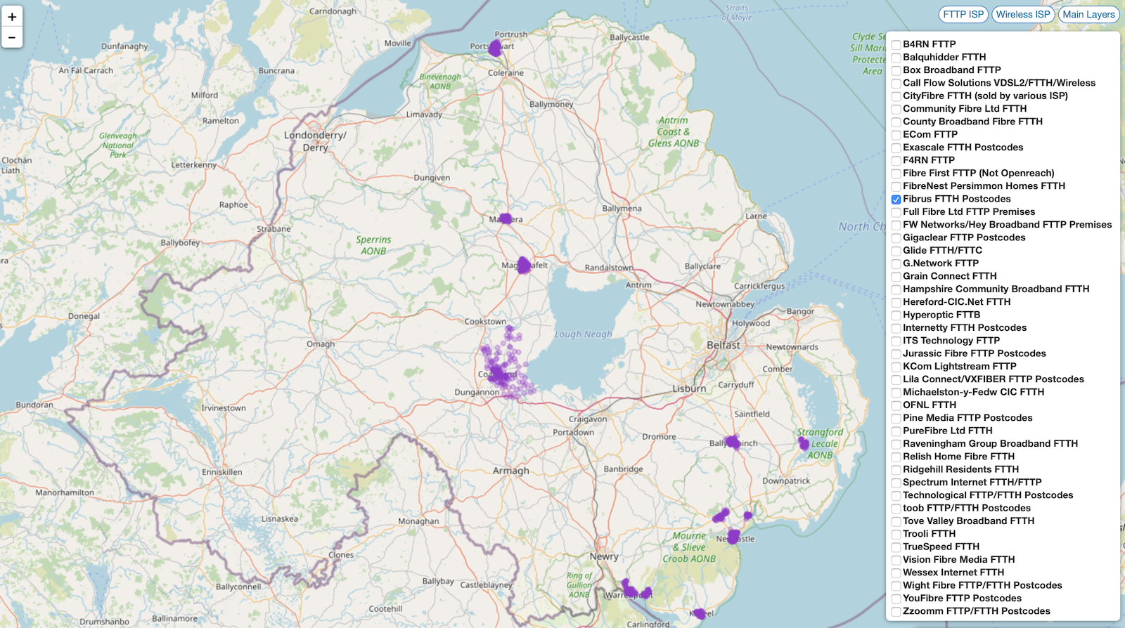 Map of Fibrus FTTP in Northern Ireland
