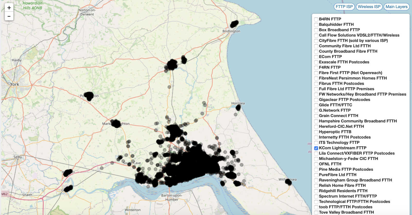 Map of KCOM coverage in East Riding of Yorkshire