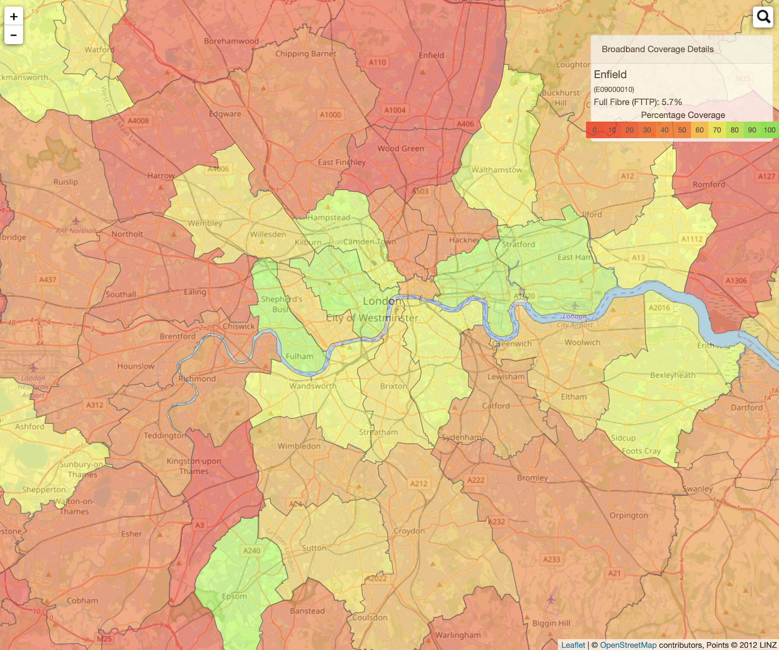 Map of full fibre coverage across London Boroughs January 2023