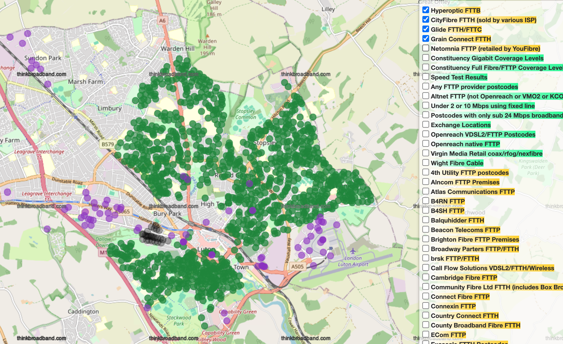 Map of Luton alt-net FTTP providers