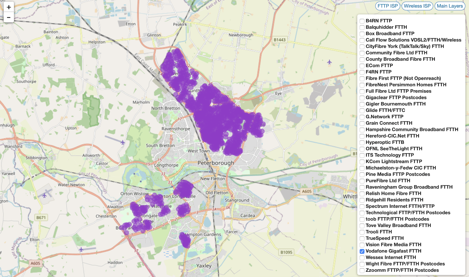 Map of CityFibre full fibre in Peterborough