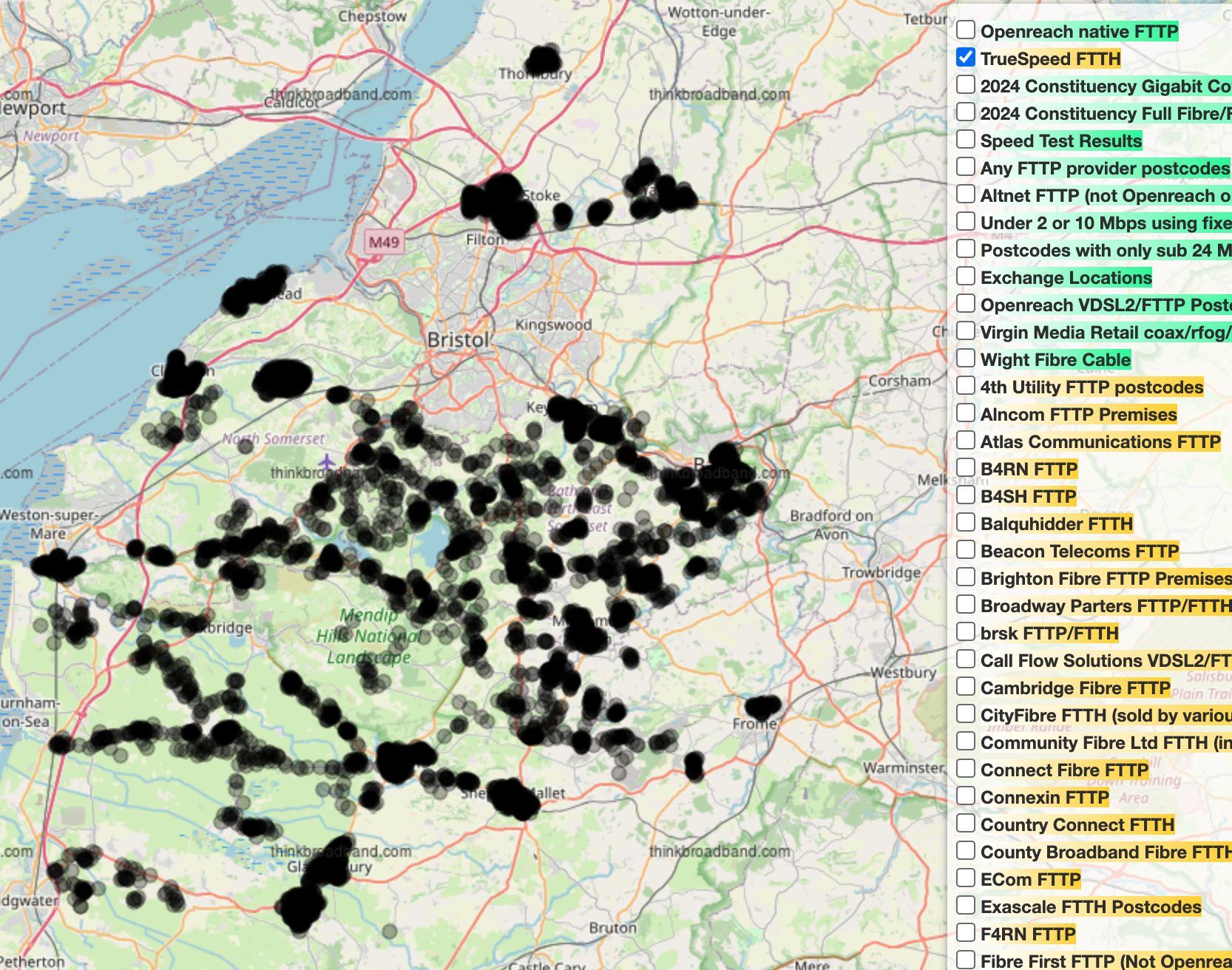 Map of Truespeed presence in the South West