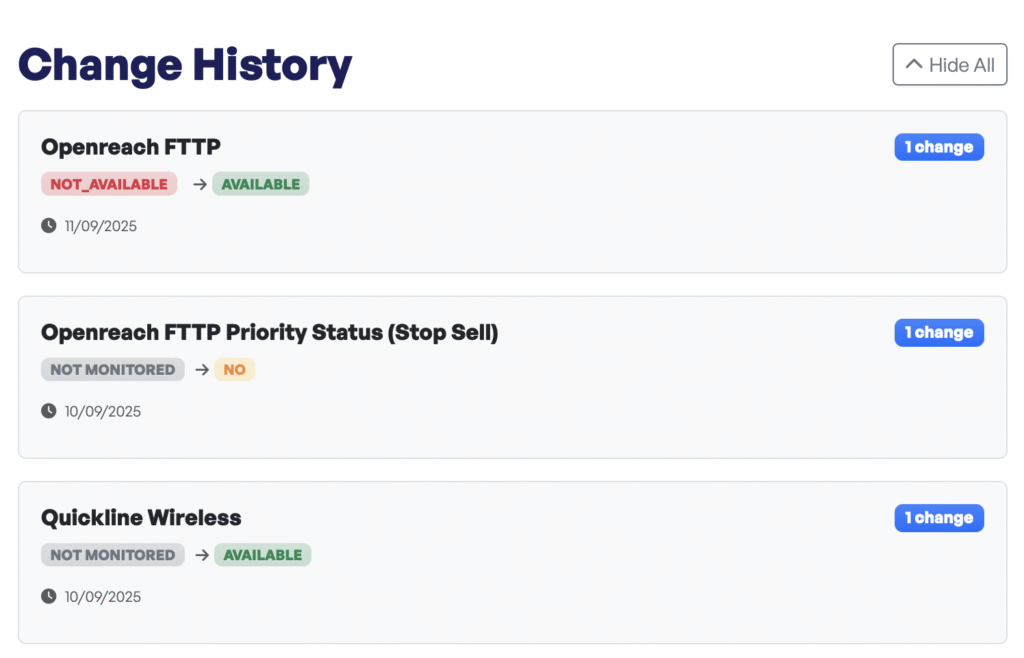 Screenshot of change history showing specific changes