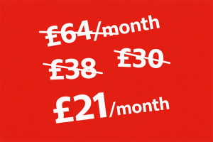 Image with £64, £38 and £30/month crossed out and £21/month price left visible