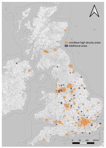 Ofcom map showing proposed 6GHz high density areas.