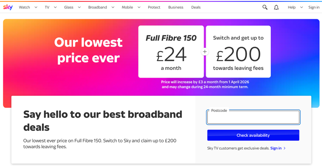Screenshot of Sky website showing price will increase by £3/month from 1 April 2026 and may change during the 24-month term