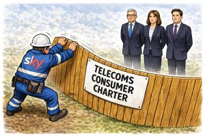 Illustration of Sky engineer pushing a fence with label Telecoms Consumer Charter towards officials